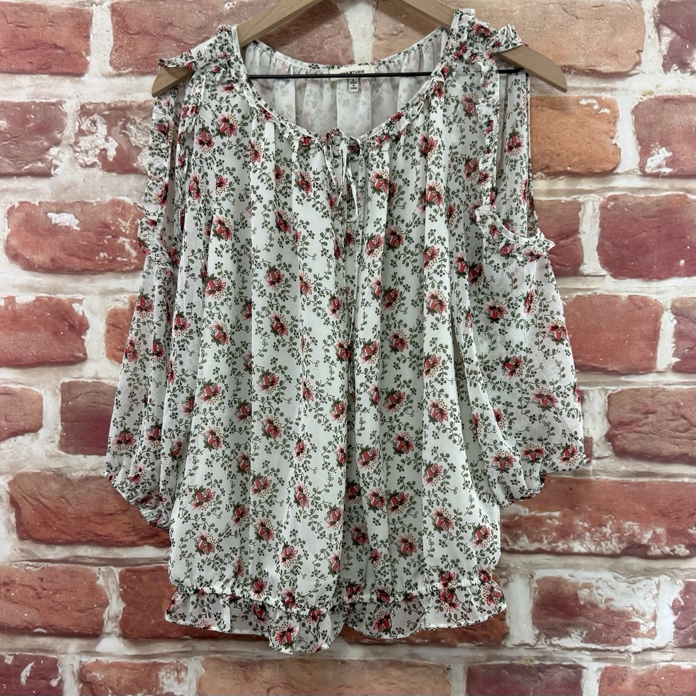 Max Studio Top Womens L Multicolor Garden Floral Vine Cold Shoulder Casual Shirt